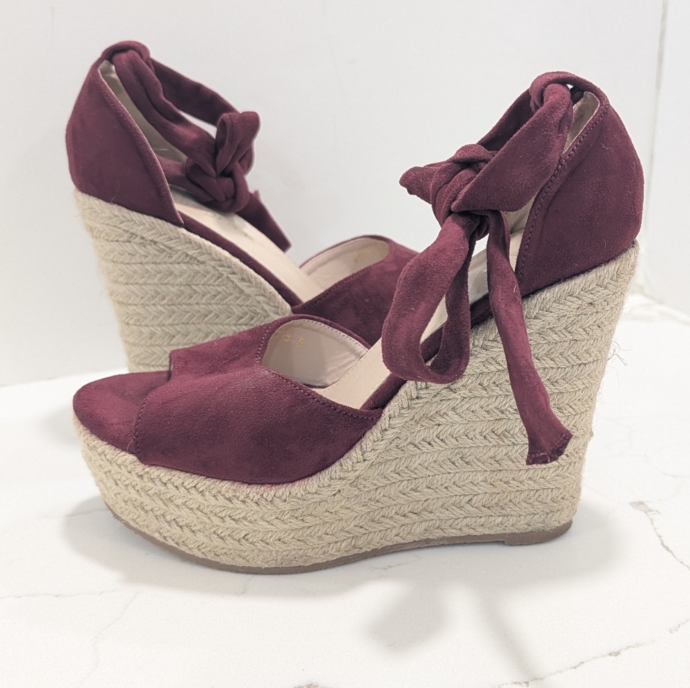 Alegra K High Heel Espadrilles Platform Strapy Tie Burgundy Suede Shoe Wedge 8.5